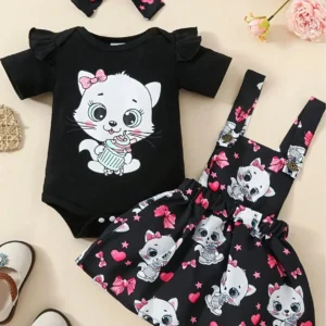 Girl Summer Outfit - Cat Heart Romper, Bowknot Dress & Scarf
