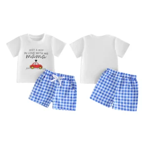 Beachwear Set W/ Cute Animal Graphic Tee and Striped Shorts