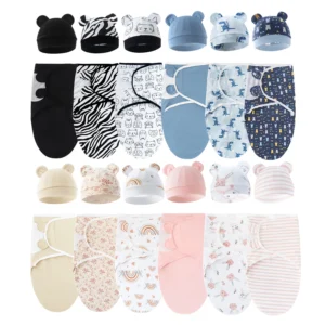 Set of 3 newborn swaddle blankets and baby hats, 0-3 months