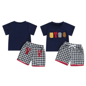 Boys Summer Short Sleeve Top and Plaid Drawstring Shorts