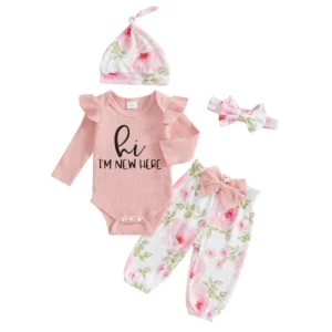 4 Piece Outfit, Long Sleeves Romper and Floral Print Pants