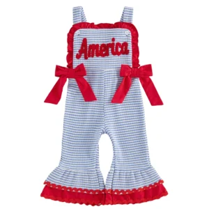 Toddler Girls Striped Bell Bottom Overalls with Embroidered Letters and Bow